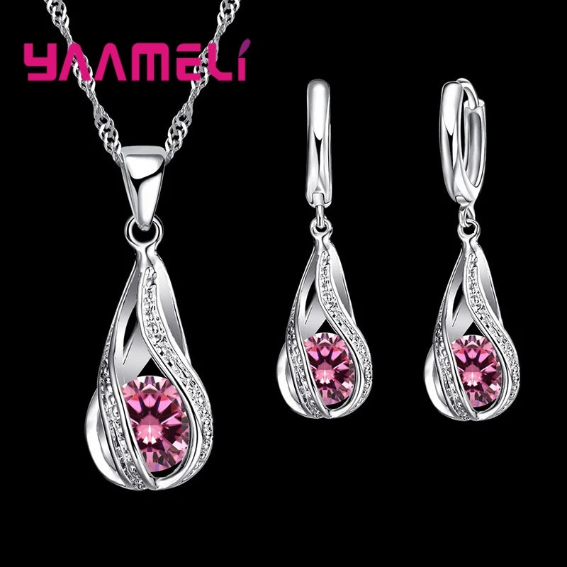 Gold-plated CZ 925 jewelry set featuring water drop design, includes necklace and earrings, elegant and stylish.