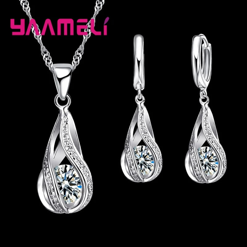 Gold-plated CZ 925 jewelry set featuring a water drop design, includes earrings and necklace, elegant and stylish.