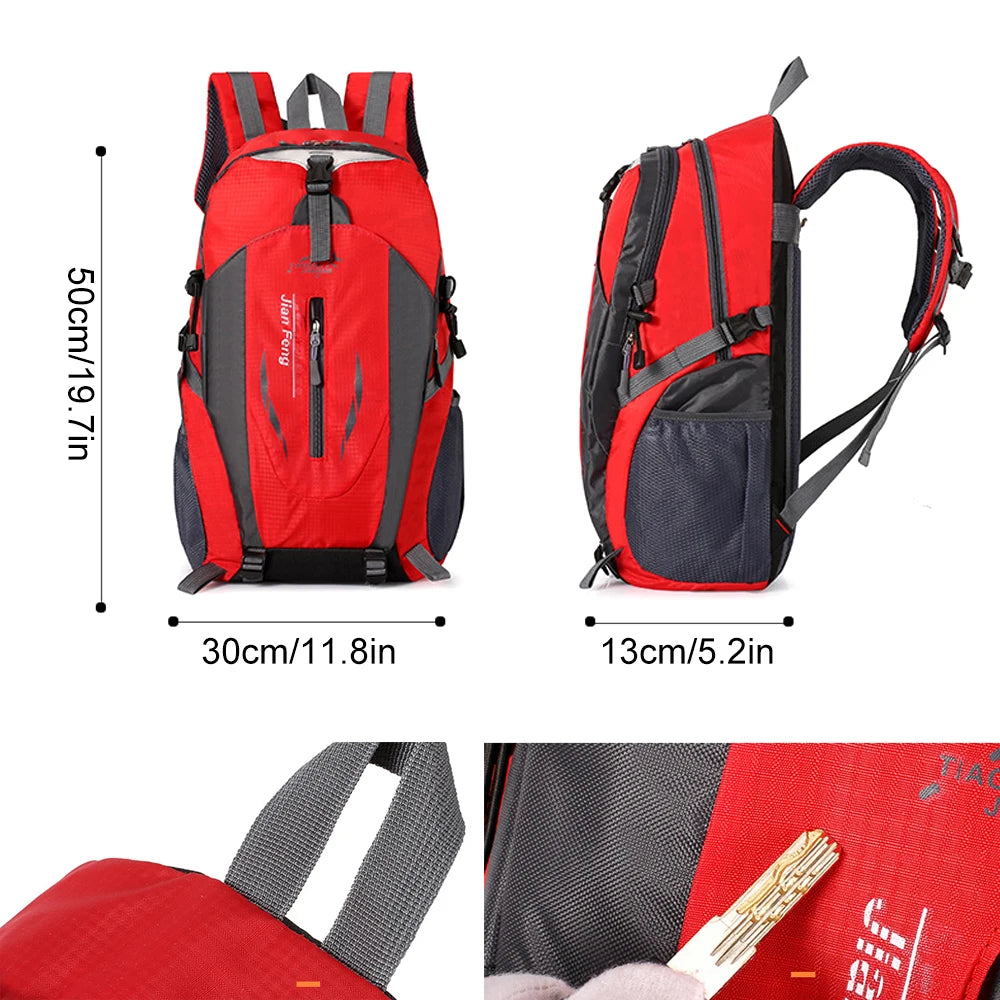 Red 40L waterproof hiking backpack from Corporación Turística, ideal for camping and outdoor adventures.