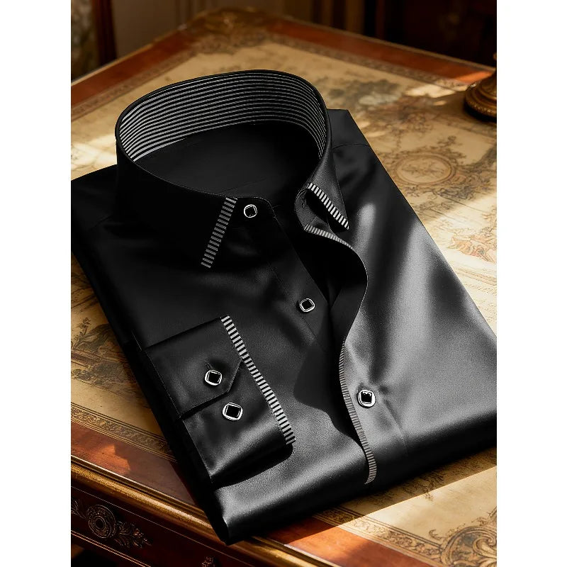 Red men's patchwork shirt from 2025 collection by Corporación Turística, casual fashion style, front view.