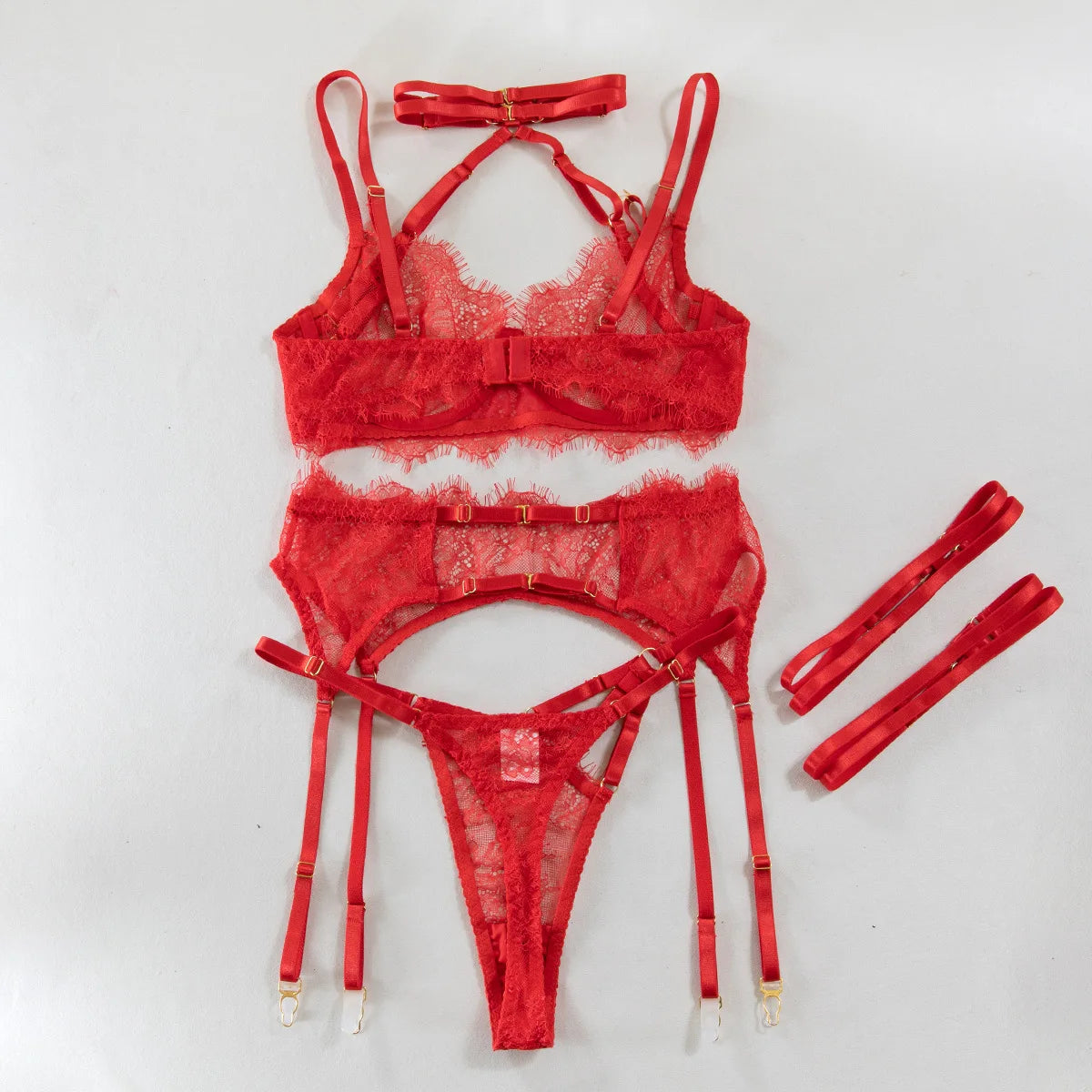 Seductive halter lingerie set for women, featuring a red, alluring design with matching panties, by Corporación Turística.