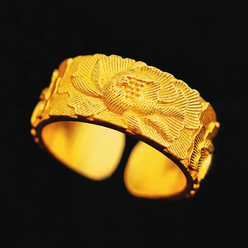 Open peony relief ring for women by Corporación Turística, featuring intricate floral design on a 9.5mm band.