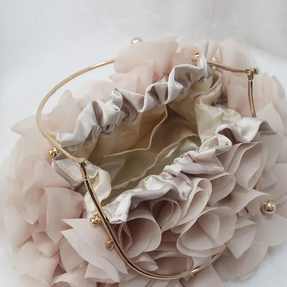 Luxurious floral satin clutch bag for women, red satin evening purse with elegant design and gold-tone accents.