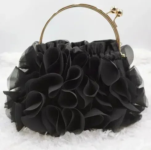Luxury floral satin women's clutch bag in red, with elegant design and gold-tone accents, measuring 20-30 cm in length.