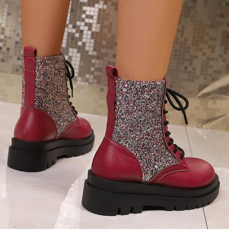 Bright red retro women's boots with shiny finish and lace-up design, perfect for stylish casual or night-out looks.