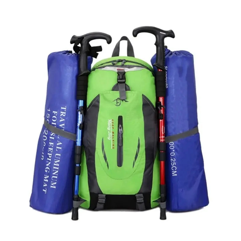Large 40L waterproof backpack by Corporación Turística, red camping bag with durable straps and spacious compartments.