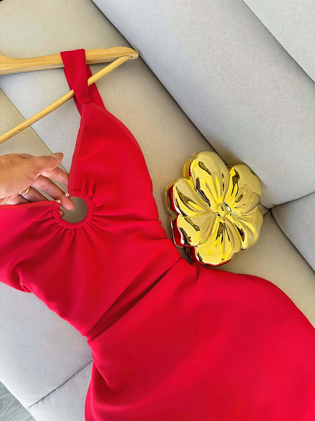 Red women's four-season dress by Corporación Turística featuring a solid color and versatile, comfortable design.