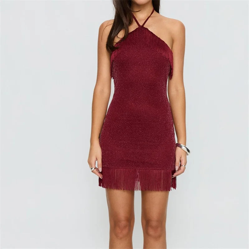 Red Y2K style short summer dress for women, Borgoña color, from Corporación Turística, featuring a trendy, fitted design.