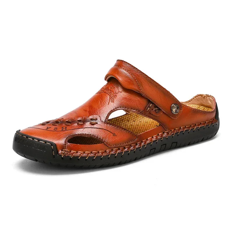 Genuine leather men's sandals in red and brown by Corporación Turística, casual slip-on footwear for warm weather.
