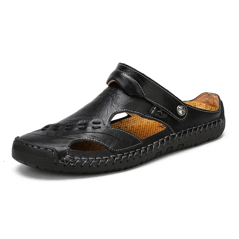 Genuine leather men's sandals in red and brown from Corporación Turística, featuring open-toe design and casual style.