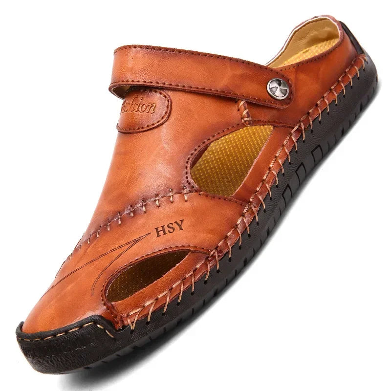 Genuine leather men's sandals by Corporación Turística in red and brown, featuring open-toe design and casual slip-on style.