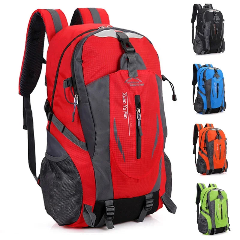 Red waterproof nylon travel backpack from Corporación Turística showing multiple compartments and sturdy straps.