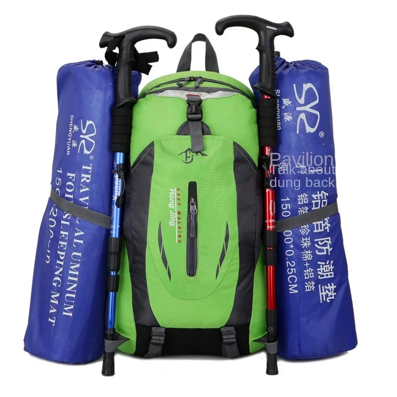 Red high-quality nylon waterproof travel backpack by Corporación Turística, showing sturdy design and adjustable straps.