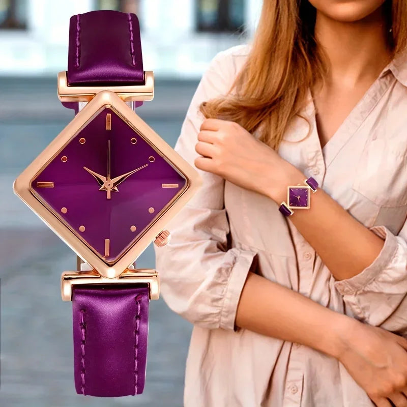 Elegant women's quartz watch with a red strap and diamond-shaped hands, designed by Corporación Turística.