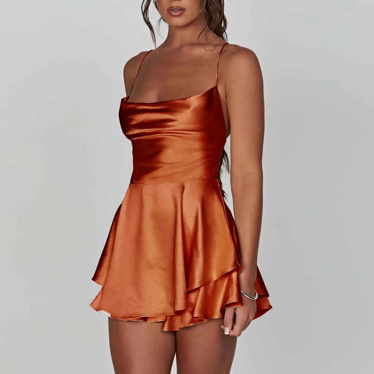 Red satin women's sexy camisone dress by Corporación Turística, smooth and elegant sleepwear for women.