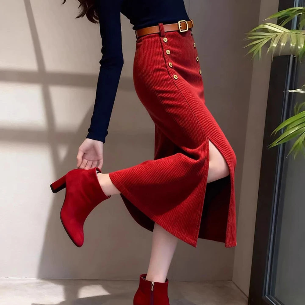 Long purple corduroy skirt for women, French style, by Corporación Turística, shown in a natural pose highlighting the fabric and design.