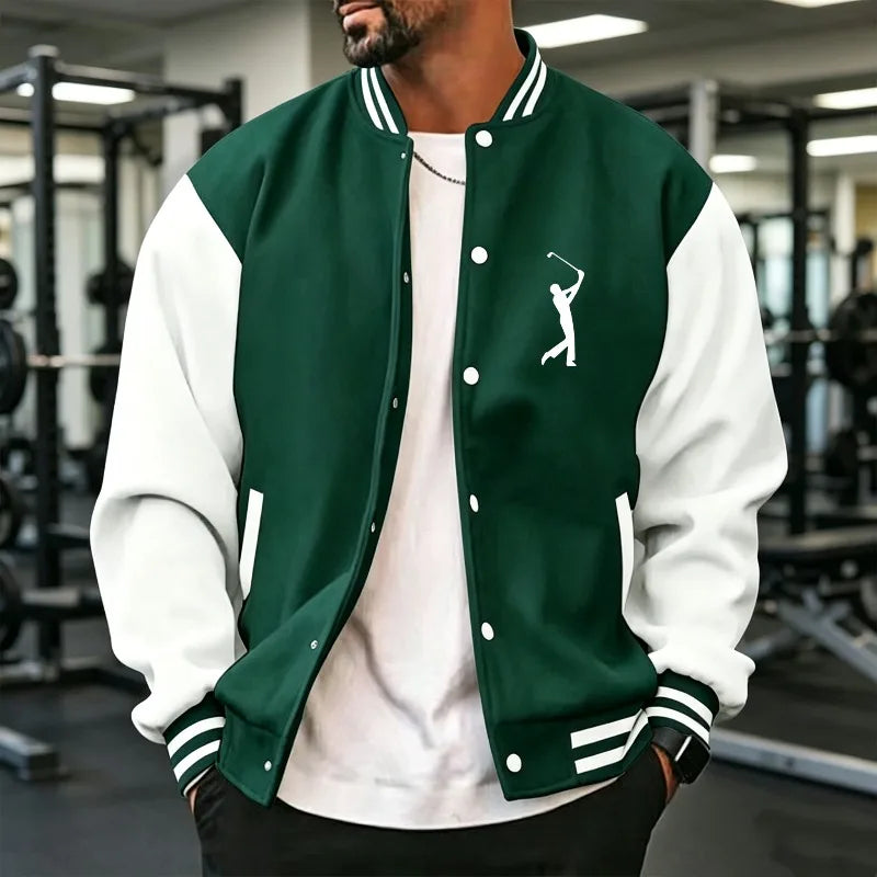 Men's navy blue varsity jacket by Corporación Turística, casual and sporty style, available in sizes S to 3XL.