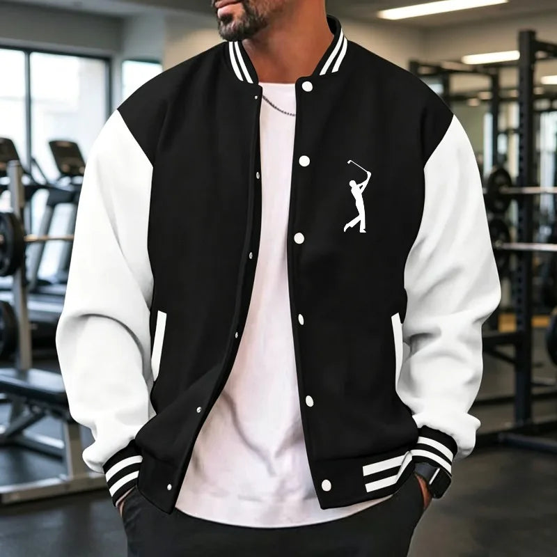 Men's navy blue varsity jacket by Corporación Turística, casual and sporty style, available in sizes S to 3XL.
