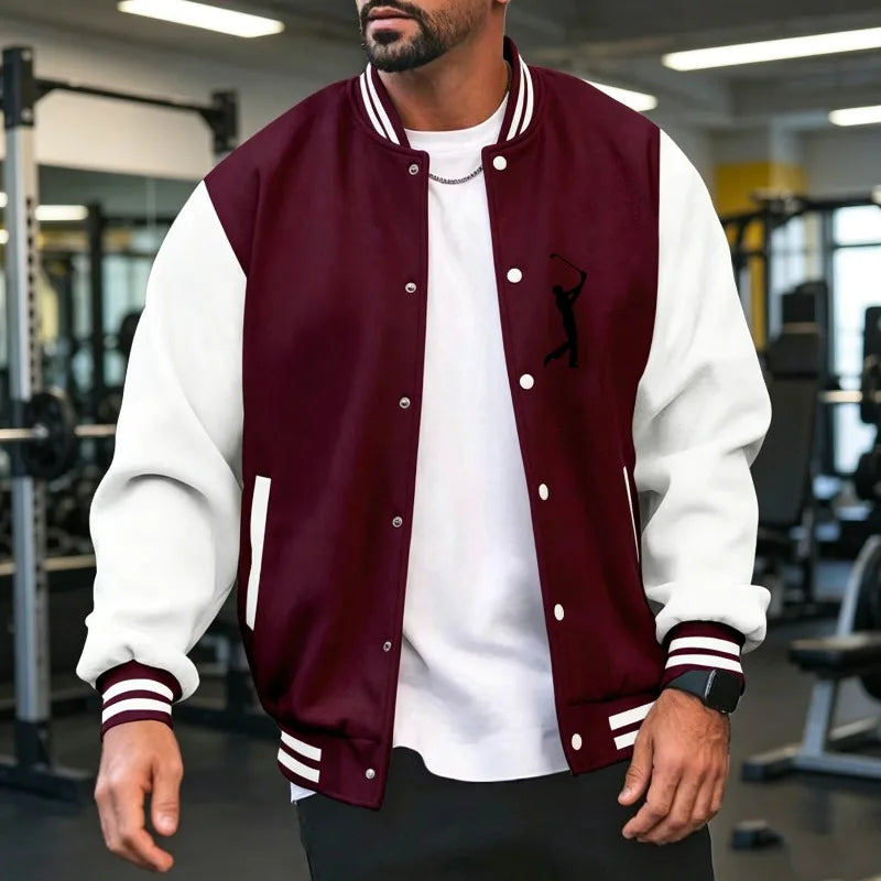 Men's navy blue varsity jacket by Corporación Turística, casual and sporty style, available in sizes S to 3XL.