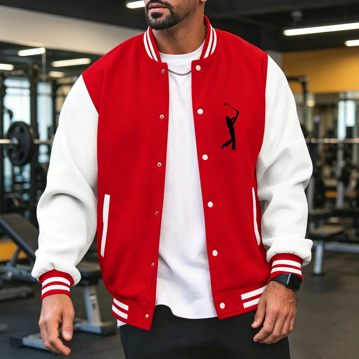 Men's navy blue varsity coat by Corporación Turística, casual and sporty style, available in sizes S to 3XL.