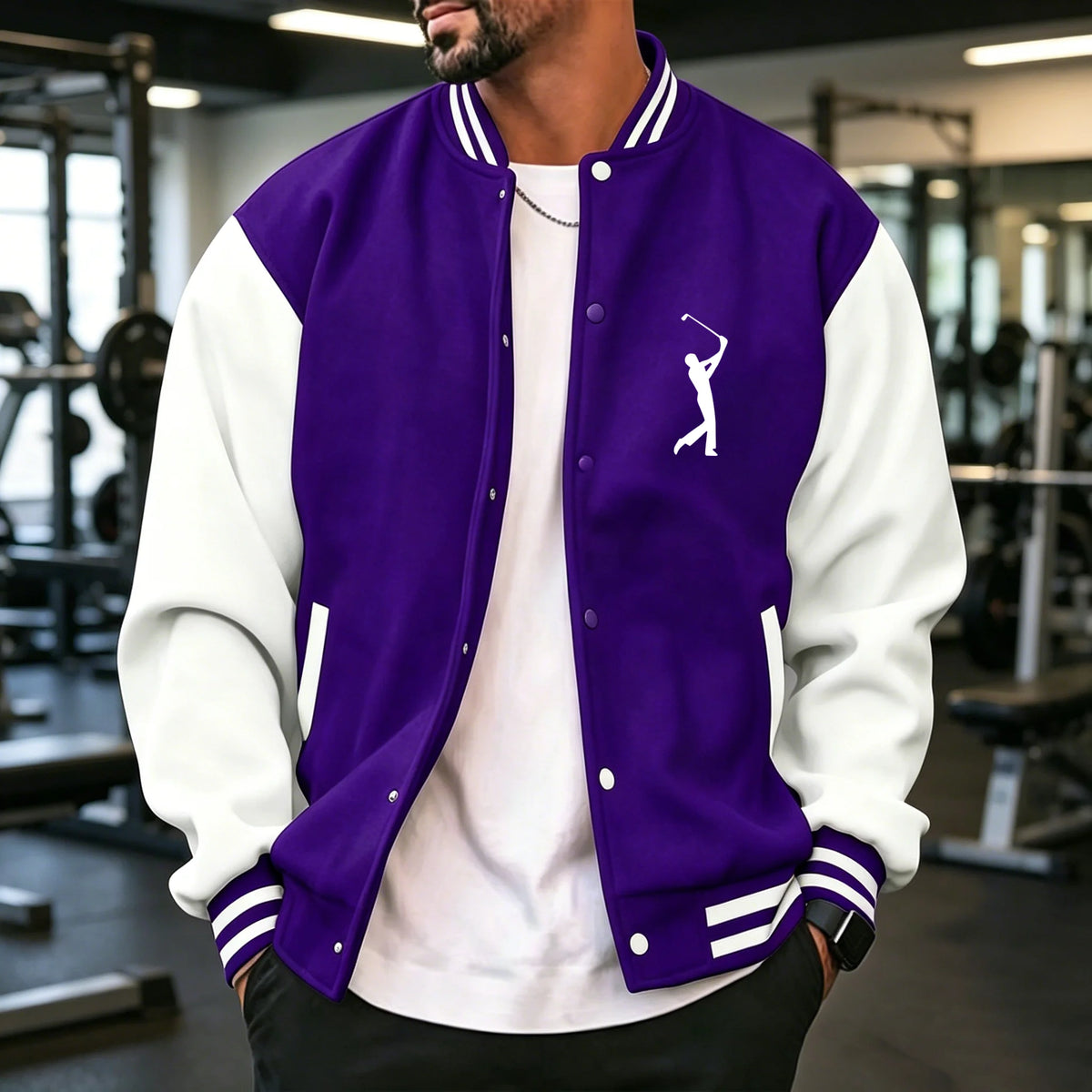 Men's navy blue varsity coat by Corporación Turística, casual and sporty style, available in S to 3XL size.