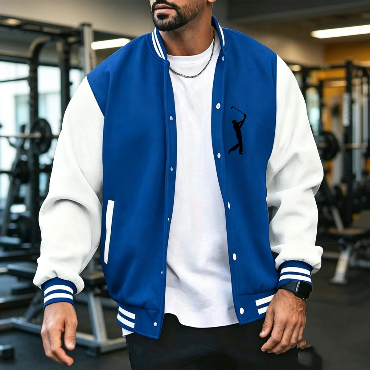 Men's navy blue varsity jacket by Corporación Turística, casual and sporty style, available in S to 3XL sizes.