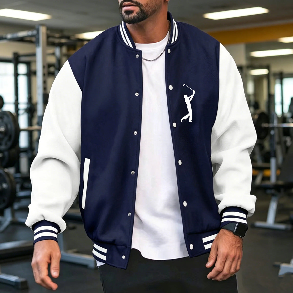 Men's navy blue varsity coat by Corporación Turística, casual and sporty style, available in sizes S to 3XL.