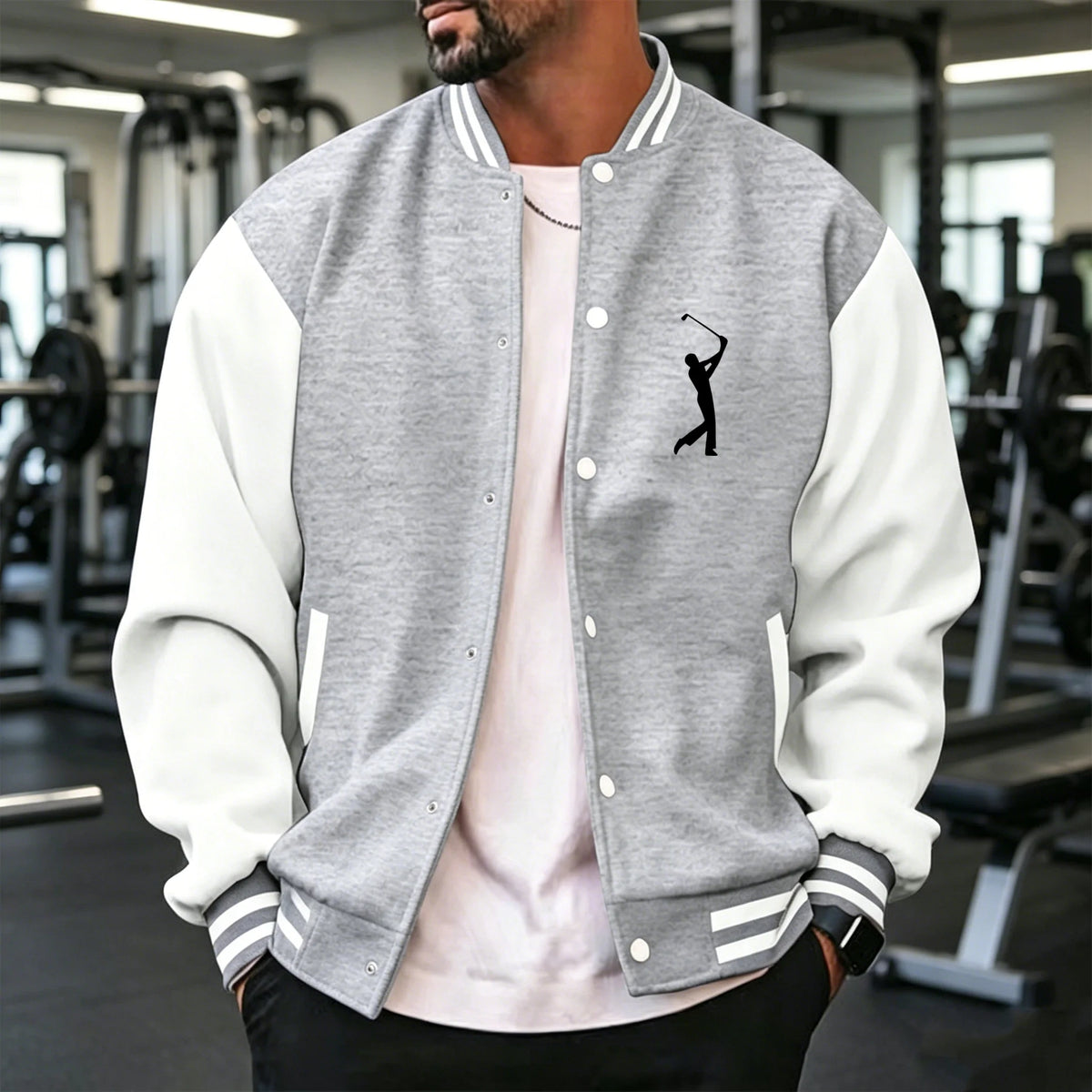 Men's navy blue varsity coat by Corporación Turística, casual and sporty style, available in sizes S to 3XL.
