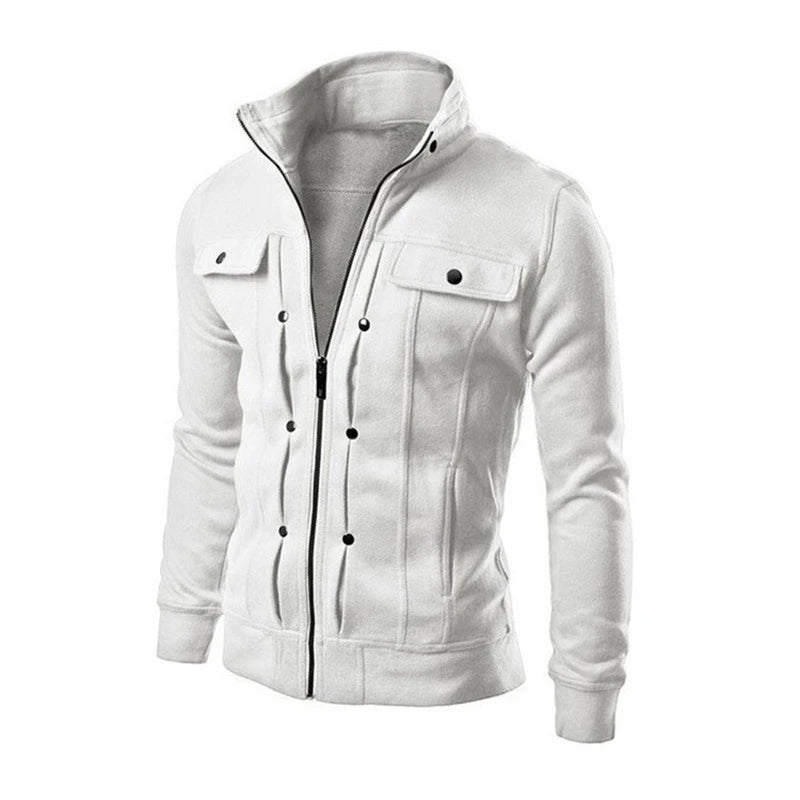 Men's casual white cardigan jacket with zipper from Corporación Turística, suitable for fall and spring seasons.