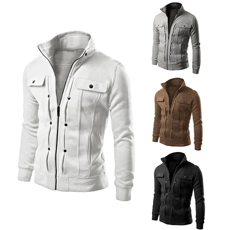 White casual men's jacket by Corporación Turística with a zipper and high collar, suitable for spring and autumn.