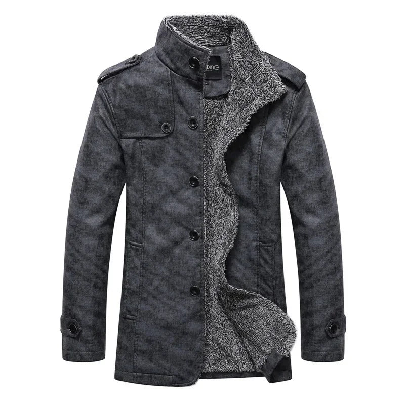 Khaki leather men's jacket by Corporación Turística, slim fit warm wool-lined coat, stylish casual outerwear for cold weather.
