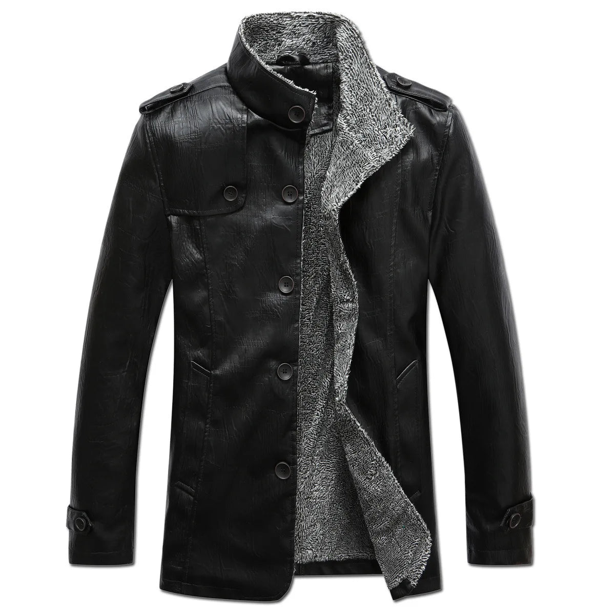 Men's khaki leather jacket with slim fit design, warm wool lining, from Corporación Turística, styled as a casual winter coat.