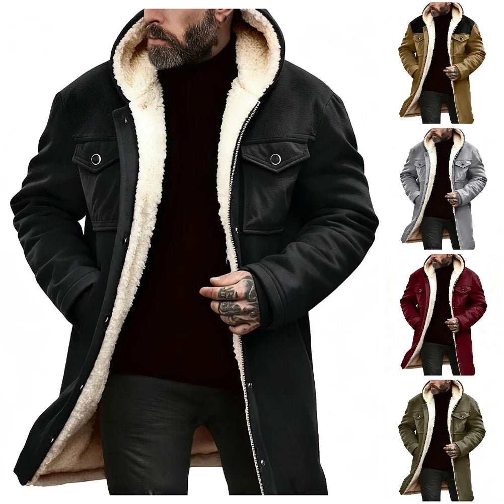 Green men's suede fleece jacket with hood, medium length, front zipper, from Corporación Turística, styled as a casual outerwear piece.