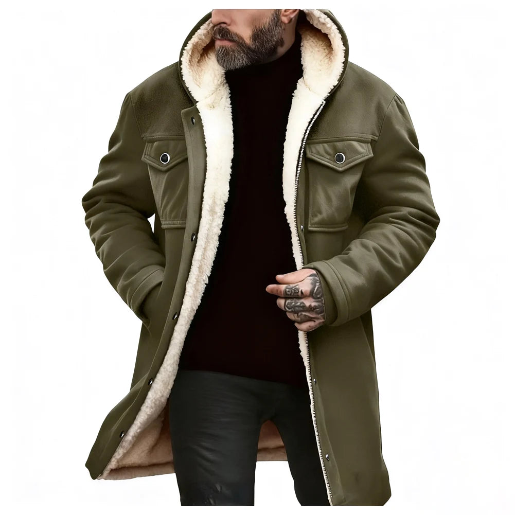 Green men's suede fleece jacket with hood, zipper closure, medium length, by Corporación Turística, suitable for casual wear.