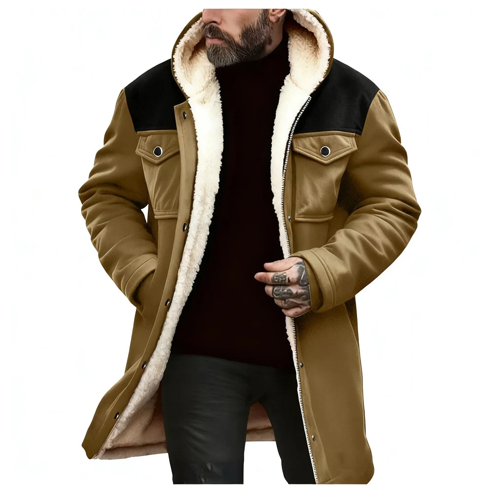 Green men's suede fleece hoodie jacket with a zipper and medium length, featuring a hood and casual style.