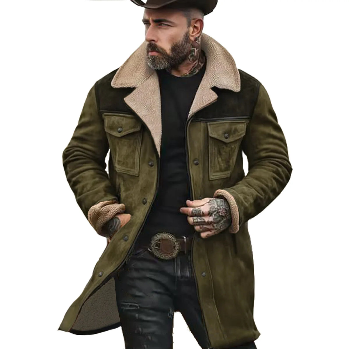 Men's green military-style suede jacket with multiple pockets, perfect for fall and winter streetwear, from Corporación Turística.