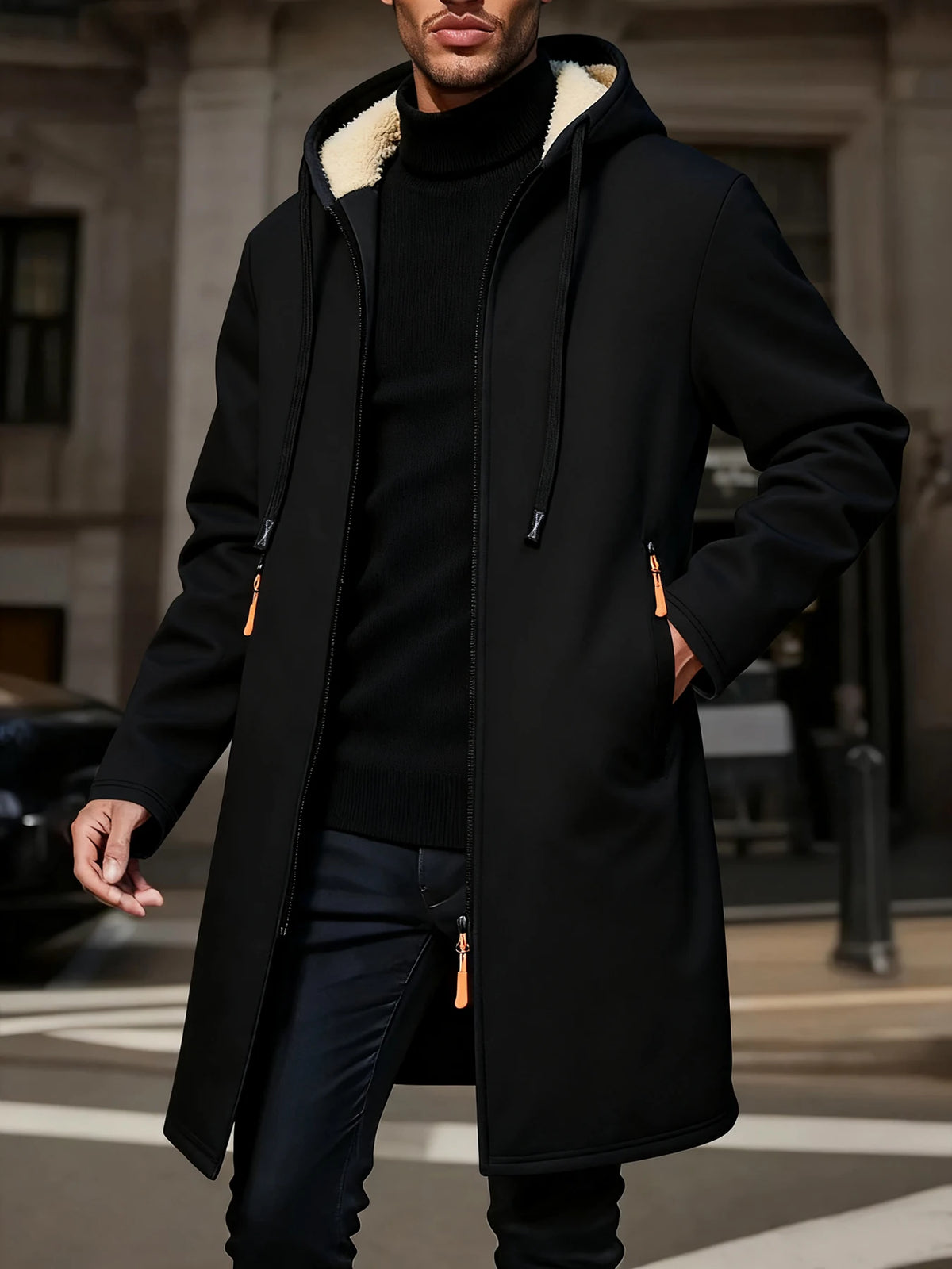 Black men's thick winter hoodie jacket with zipper and hood, casual warm coat by Corporación Turística, suitable for cold weather.