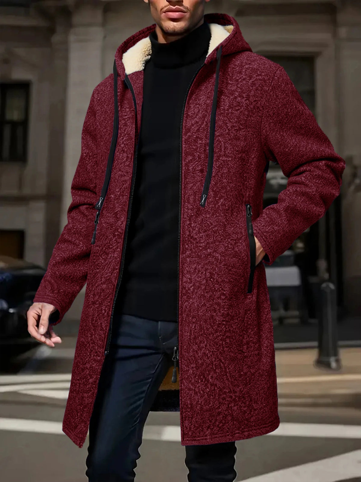 Black men's thick winter jacket with hood and zipper from Corporación Turística, casual coat suitable for cold weather.