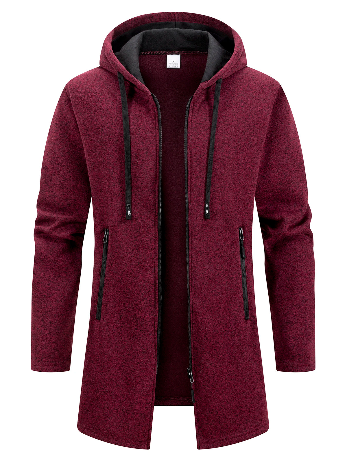 Black men's oversized winter jacket with hood, front zipper, warm lining, from Corporación Turística, suitable for cold weather.