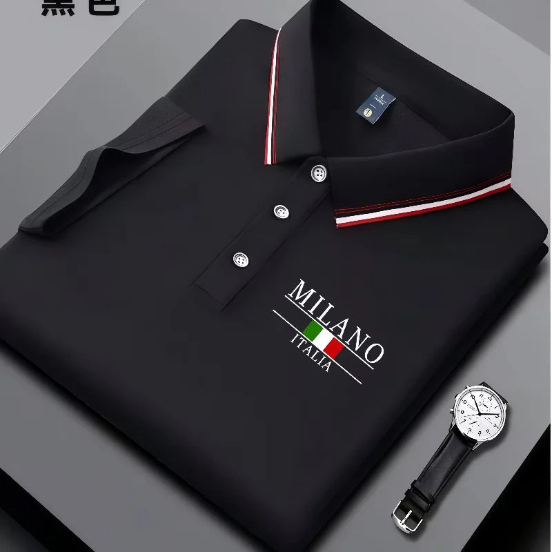 Men's summer polo shirt by Corporación Turística, black with Milan print and striped collar, breathable and stylish.