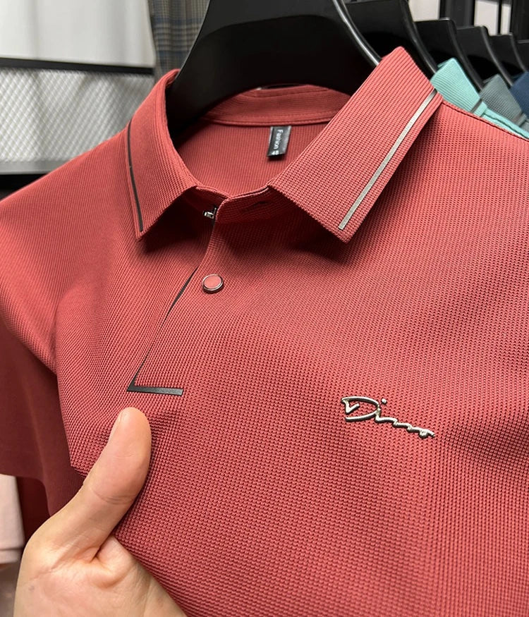Army green men's summer short sleeve polo shirt by Corporación Turística with diamond design, breathable casual cotton fabric.