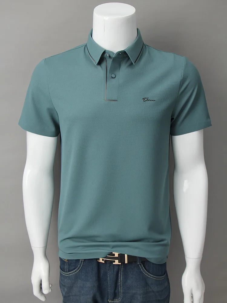 Army green men's short-sleeve polo shirt by Corporación Turística, breathable casual summer polo with diamond design.