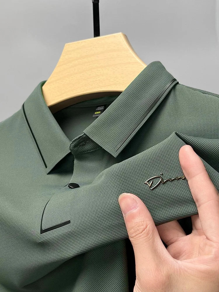 Army green men's short-sleeve breathable polo shirt with diamond pattern by Corporación Turística, casual summer style.