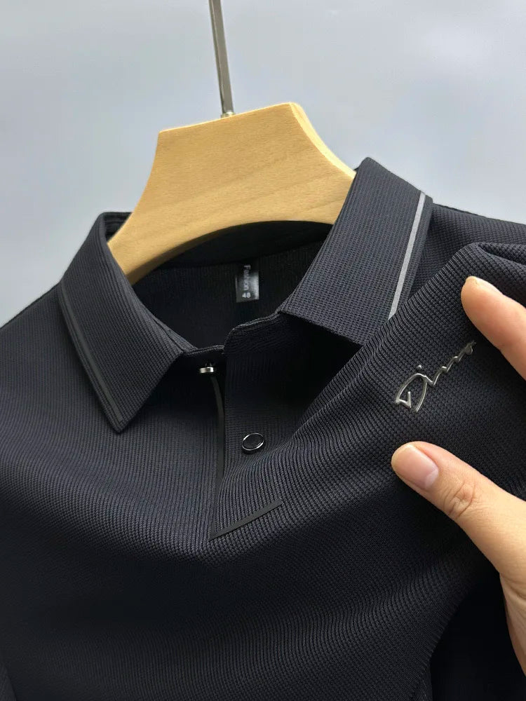 Army green men's summer polo shirt with diamond pattern, short sleeves, breathable casual design by Corporación Turística.