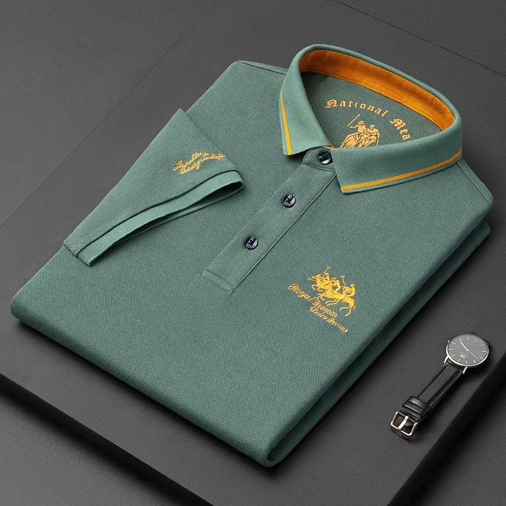 Black luxury men's embroidered polo shirt with short sleeves, breathable fabric, perfect for summer, from Corporación Turística.