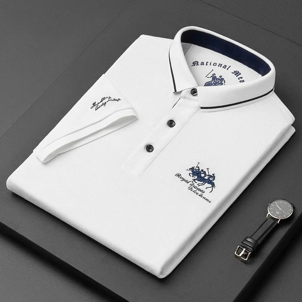 Luxury embroidered men's short sleeve polo shirt by Corporación Turística, breathable fabric, ideal for summer. Black, size 4XL.