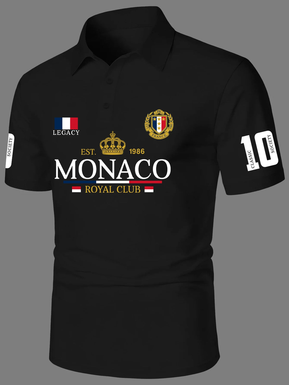 Elegant men's black polo shirt by Corona Real, short sleeve polyester, available in sizes S to XXL, from Corporación Turística.