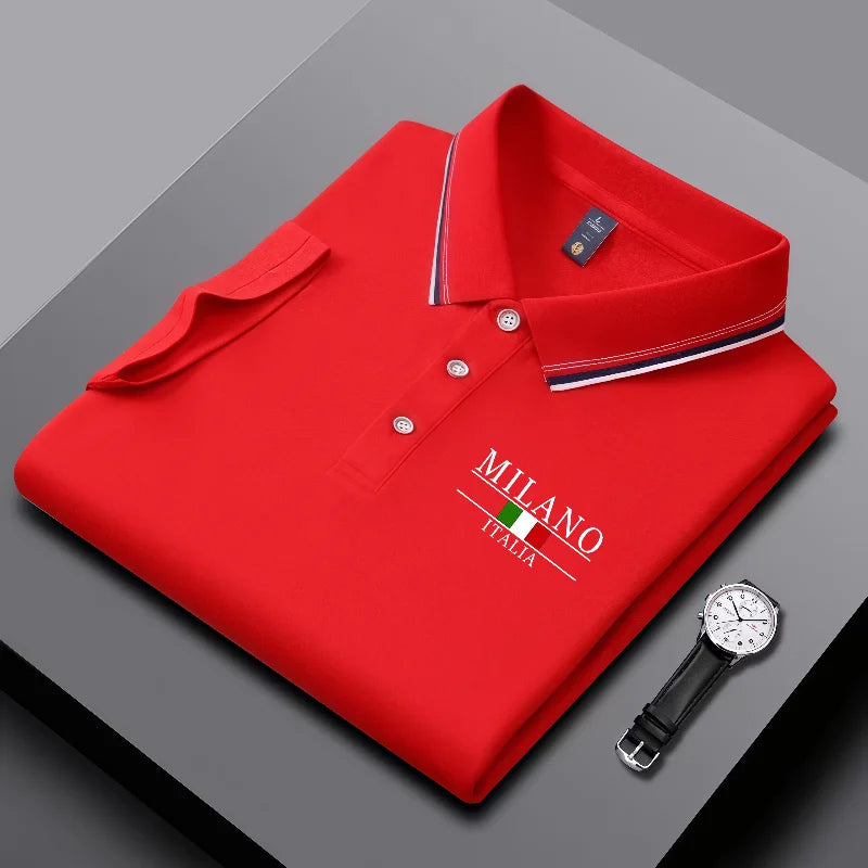 Men's summer polo shirt by Corporación Turística featuring Milan print, striped collar, breathable casual design in black.