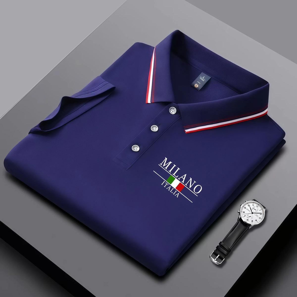 Men's summer polo shirt by Corporación Turística with Milan print, striped collar, breathable casual cotton fabric.