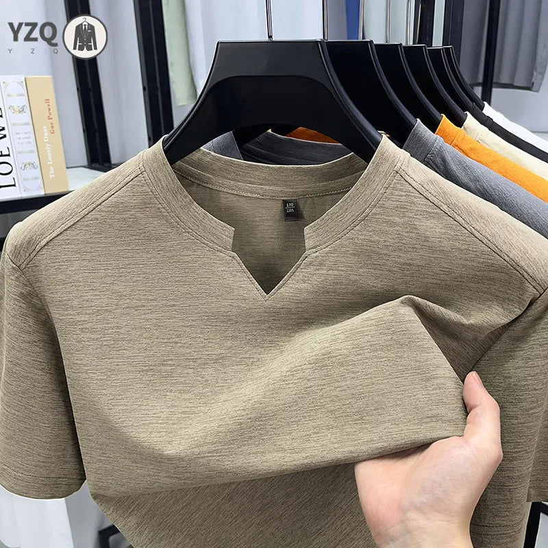 Black Korean V-Neck T-Shirt for men, casual summer short-sleeve top, breathable fabric, available in sizes S to 4XL.